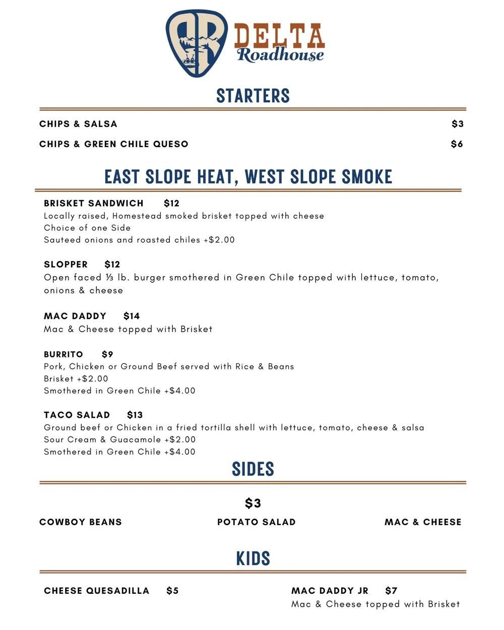 The printed Grand Opening menu